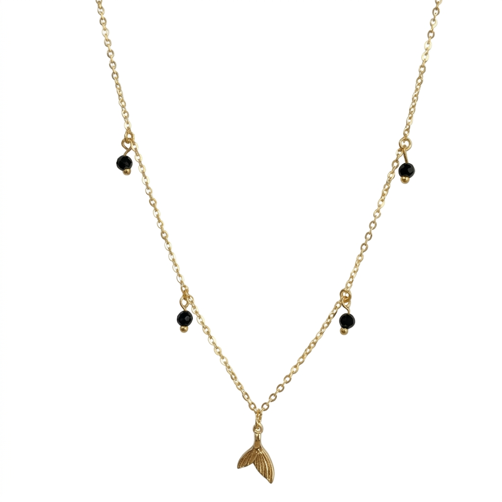 Deep Sea Tale | Black Obsidian Fishtail Charm Necklace with Gold Station Beads