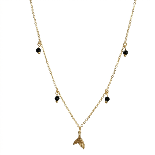 Deep Sea Tale | Black Obsidian Fishtail Charm Necklace with Gold Station Beads
