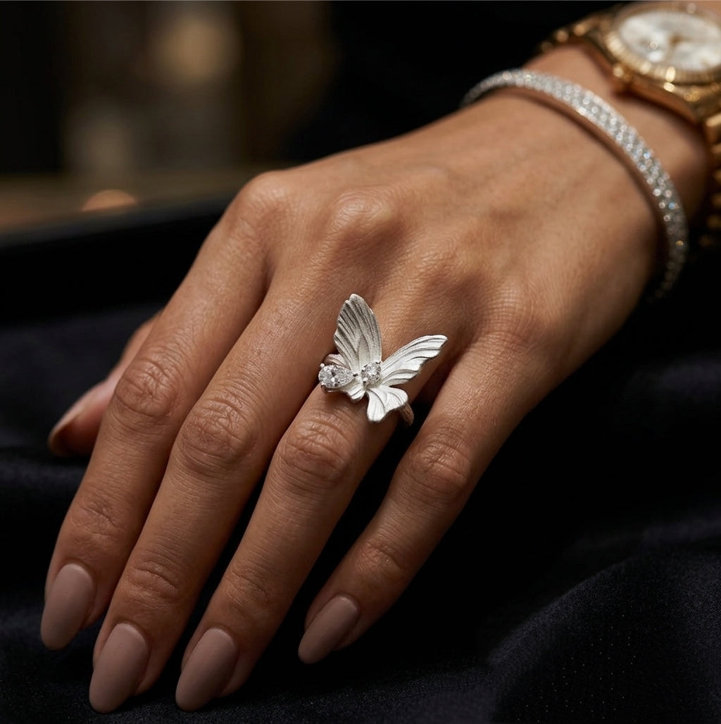 Ethereal Wing | Handcrafted 960 Silver & White Enamel Butterfly Ring