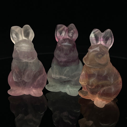 Rainbow Fluorite Bunny Figurine Set – 3pcs, 4cm