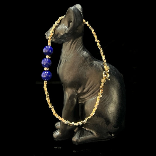 Lapis Lazuli & 14K Gold-Plated Beaded Chain Bracelet | 3-Bead Accent